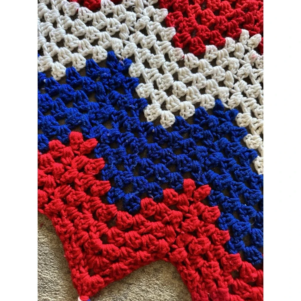 Granny Square Red White Blue Patriotic Hand Crochet Fringe Afghan Blanket 76 46